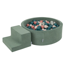 KiddyMoon Spielplatz Velvet Aus Schaumstoff Mit Samt Rund Bällebad Ballgruben Für Babys Spielbad Hindernisläufen, Hergestellt In Der EU, waldgrün: dunkeltürkis/pastellbeige/grüngrau/lachsfarben, Bällebad (200 Bälle) + Stüfchen
