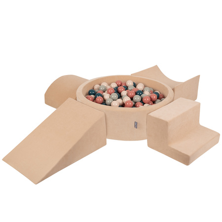 KiddyMoon Spielplatz Velvet Aus Schaumstoff Mit Samt Rund Bällebad Ballgruben Für Babys Spielbad Hindernisläufen, Hergestellt In Der EU, sandbeige:dunkeltürkis/pastellbeige/grüngrau/lachsfarben, Bällebad (300 Bälle) + Version 5
