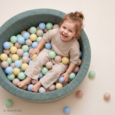 KiddyMoon Bällebad Für Kinder Aus Schaumstoff, 90 X 30 cm, Weicher Rippbezug, Abnehmbarer Bezug, Weiches Und Sicheres Spielzeug, Waschbar, grün:pastellbeige/pastellblau/pastellgelb/minze, 90x30cm/100 Bälle