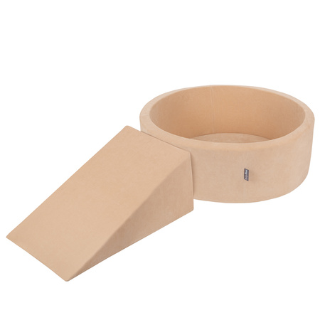 KiddyMoon Spielplatz Velvet Aus Schaumstoff Mit Samt Rund Bällebad Ballgruben Für Babys Spielbad Hindernisläufen, Hergestellt In Der EU, sandbeige:pastellbeige/lachsfarben/weiß, Bällebad (200 Bälle) + Zwickel