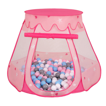 Baby Spielzelt Mit Plastikbällen Für Kinder Leicht und Kompakt ideal für Drinnen Und Draußen Fördert Sensorische Integration Schneller Aufbau, pink:weiß-grau-babyblau-puderrosa, 600 Bällen