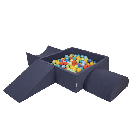 KiddyMoon Spielplatz aus Schaumstoff mit Quadrat Bällebad Bälle Hindernisläufen, dunkelblau:hellgrün/orange/türkis/blau/bblue/gelb, Bällebad (200 Bälle) + Version 4
