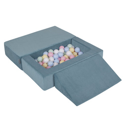 KiddyMoon Kindersofa Modular mit Weichem Zwickel und Bällen Für Kinderzimmer Bequem Vielseitig Gerippter Stoff Abnehmbarer Bezug Perfekt zum Spielen und Entspannen, blau: pastellblau/pastellgelb/weiß/minze/puderrosa, Sofa/Zwickel + 100 Bälle