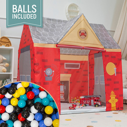 Spielhaus Spielzelt Feuerwehrhaus Faltbares Für Kinder Realistisches Design Langlebige Und Sichere Materialien Leicht Zu Montieren Perfekt Für Drinnen Und Draußen, rot-grau:schwarz/wieß/blau/rot/gelb/türkis, 200 Bälle