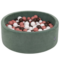 KiddyMoon Rund Bällebad Velvet Bällepool ∅ 7Cm Ballgruben Für Babys Spielbad Kleinkinder, Hergestellt in der EU, waldgrün: lachsfarben/braun/weiß, 90x30cm/300 Bälle
