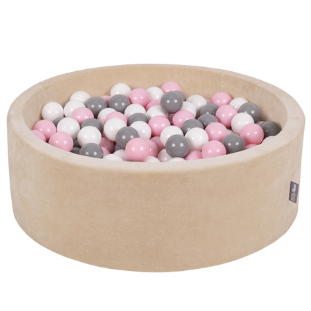 KiddyMoon Rundes Bällebad Schaumstoff Velvet Sensorik Spielzeug, Sandbeige: Weiß/Grau/Puderrosa, 90 x 30 cm 300 Bälle