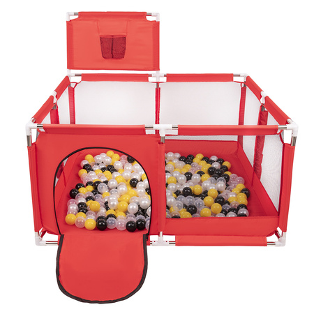 Laufstall mit Korb und Bällen Laufgitter für Kinder, Rot:schwarz/perle/gelb/transparent, 200 Bälle