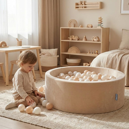 KiddyMoon Rundes Bällebad Schaumstoff Velvet Sensorik Spielzeug, Sandbeige: Pastellbeige/Weiß/Perle, 90 x 30 cm 300 Bälle
