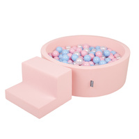 KiddyMoon Spielplatz aus Schaumstoff mit Rund Bällebad (200 Bälle) Ballgruben für Babys Spielbad Hindernisläufen, Hergestellt in der EU, pink:babyblue/puderrosa/perle, Bällebad (100 Bälle) + Stüfchen
