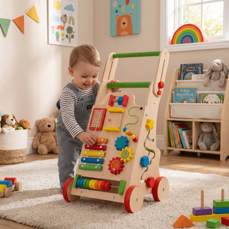KiddyMoon Lauflernwagen aus Holz für Babys und Kleinkinder, Lauflernhilfe WK-002 Mehrfarbig, Griff Verstellbar