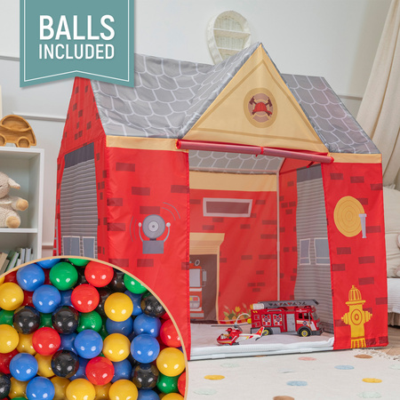 Spielhaus Spielzelt Feuerwehrhaus Faltbares Für Kinder Realistisches Design Langlebige Und Sichere Materialien Leicht Zu Montieren Perfekt Für Drinnen Und Draußen, rot-grau:schwarz/gelb/blau/rot/grün, 100 Bälle