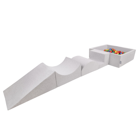 KiddyMoon Spielplatz aus Schaumstoff mit Quadrat Bällebad Bälle Hindernisläufen, hellgrau:gelb/grün/blau/rot/orange, Bällebad (200 Bälle) + Version 5