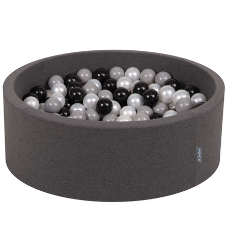 KiddyMoon Bällebad Bällepool mit bunten Bällen ∅ 7Cm  für Babys Kinder Rund, dunkelgrau:schwarz/grau/perle, 90x30cm/300 Bälle