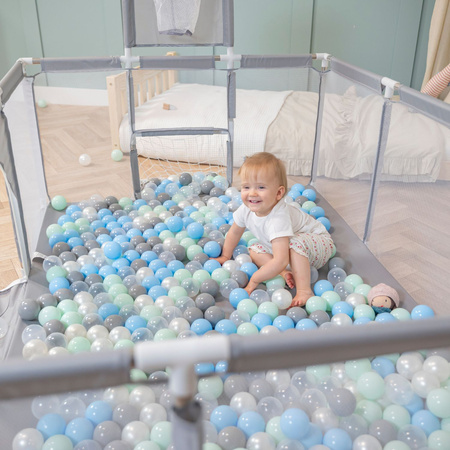 Laufstall Baby Großer Spielplatz mit Bällen Laufgitter für Kinder, Grau:perle/grau/transparent/babyblue/minze, 400 Bällen