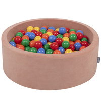 KiddyMoon Rund Bällebad Velvet Bällepool ∅ 7Cm Ballgruben Für Babys Spielbad Kleinkinder, Hergestellt in der EU, wüstenrosa: gelb/grün/blau/rot/orange, 90x30cm/200 Bälle