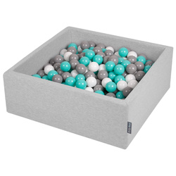 KiddyMoon Bällebad Bällepool mit bunten Bällen ∅ 7Cm  für Babys Kinder Quadrat, hellgrau:weiß/grau/helltürkis, 90x30cm/200 Bälle