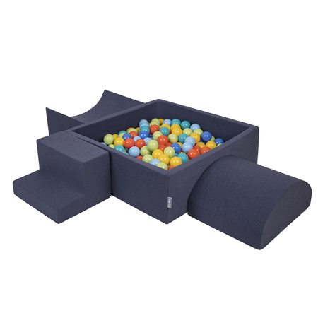KiddyMoon Spielplatz aus Schaumstoff mit Quadrat Bällebad Bälle Hindernisläufen, dunkelblau:hellgrün/orange/türkis/blau/bblue/gelb, Bällebad (300 Bälle) + Version 6