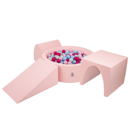 KiddyMoon Spielplatz aus Schaumstoff mit Bällebad und Bällen Hindernisläufen, pink:puderrosa/dunkelpink/babyblue/minze, Bällebad (200 Bälle) + Version 2