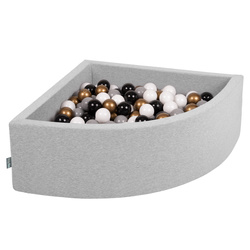KiddyMoon Viertel Eckig Bällebad Bällepool ∅ 7Cm Ballgruben Für Babys Spielbad Kleinkinder, Hergestellt in der EU, hellgrau:weiß/grau/schwarz/gold, 90x30cm/300 Bälle