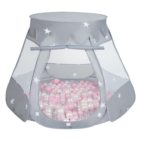 Baby Spielzelt Mit Plastikbällen Für Kinder Leicht und Kompakt ideal für Drinnen Und Draußen Fördert Sensorische Integration Schneller Aufbau, grau:puderrosa/perle/transparent, 300 Bällen