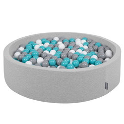 KiddyMoon Rund Bällebad Bällepool ∅ 7Cm Ballgruben Bunten Bällen Für Babys Spielbad Kleinkinder, Hergestellt in der EU, hellgrau:grau-weiß-türkis, 120x30cm/200 Bälle