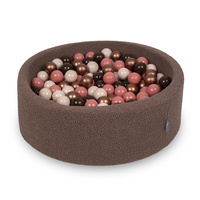 KiddyMoon Bällebad für Baby mit Teddy-Plüsch, Größere 7 cm Bälle für Eine Vollere Füllung, ab 8 Monaten, Abnehmbarer Bezug, Braun: Braun/Kupfer/Pastellbeige/Lachs, 90 x 30 cm 300 Bälle
