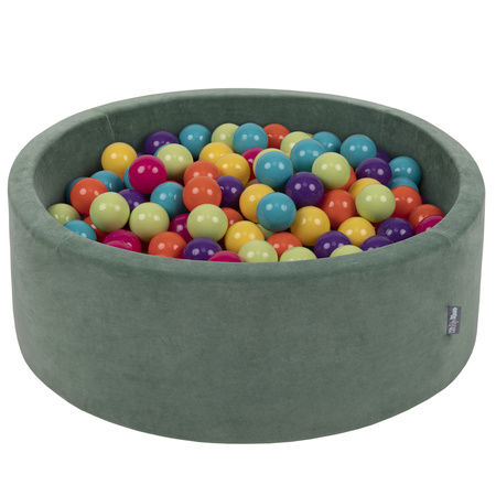 KiddyMoon Rund Bällebad Velvet Bällepool ∅ 7Cm Ballgruben Für Babys Spielbad Kleinkinder, Hergestellt in der EU, waldgrün: hellgrün/gelb/türkis/orange/dunkelpink/violett, 90x30cm/200 Bälle