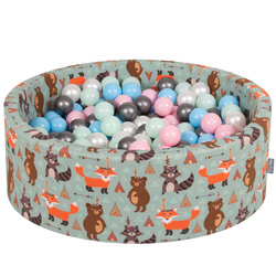 KiddyMoon Rund Bällebad Bällepool ∅ 7Cm Ballgruben Mit Bunten Bällen Für Babys Spielbad Kleinkinder, Hergestellt in der EU, Füchse-grün:perle/rosa/babyblau/mint/silbern, 90x30cm/200 Bälle