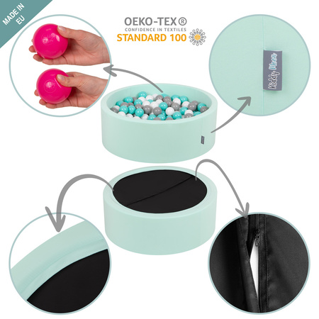 KiddyMoon Rund Bällebad Velvet Bällepool ∅ 7Cm Ballgruben Für Babys Spielbad Kleinkinder, Hergestellt in der EU, waldgrün: grüngrau/pastellgelb/braun/weiß, 90x30cm/200 Bälle