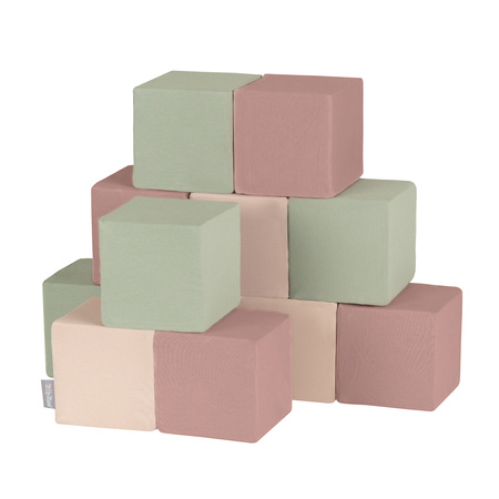 KiddyMoon Weiche Bausteine aus Schaumstoff für Kinder, Blöcke: erikafarben-beige-salbeifarben, 12 Stücke