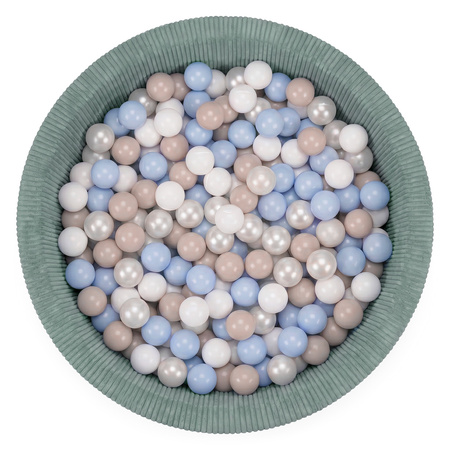 KiddyMoon Bällebad für Kinder aus Schaumstoff, weicher Rippbezug, abnehmbarer Bezug, waschbar, Grün: Pastellbeige/Pastellblau/Weiß/Perle, 90 x 30 cm 200 Bälle