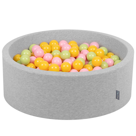 KiddyMoon Bällebad Bällepool mit bunten Bällen ∅ 7Cm  für Babys Kinder Rund, hellgrau:hellgrün/gelb/puderrosa, 90x30cm/300 Bälle