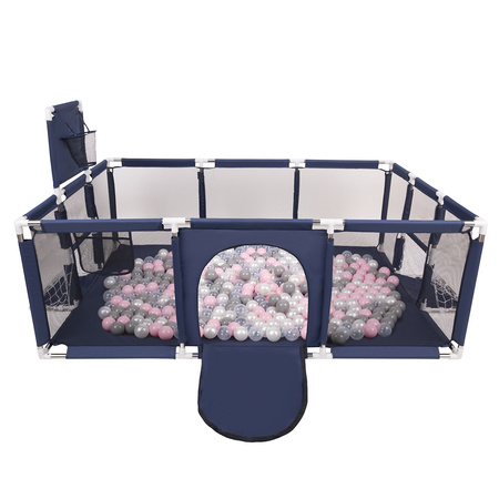 Laufstall Baby Großer Spielplatz mit Bällen Laufgitter für Kinder, Dunkelblau:perle/grau/transparent/puderrosa, 400 Bällen