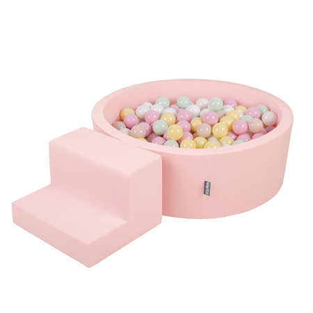 KiddyMoon Spielplatz aus Schaumstoff mit Rund Bällebad (200 Bälle) Ballgruben für Babys Spielbad Hindernisläufen, Hergestellt in der EU, pink:pastellbeige/pastellgelb/weiß/minze/puderrosa, Bällebad (200 Bälle) + Stüfchen