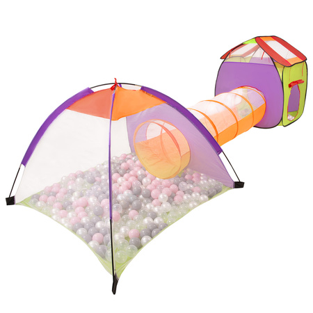 3in1 Spielzelt mit Tunnel Spielplatz PopUp Bällebad mit Bälle Für Kinder, Mehrfarbig:perle/grau/transparent/puderrosa, 200 Bälle
