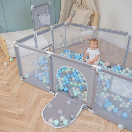 Laufstall Baby Großer Spielplatz mit Bällen Laufgitter für Kinder, Grau:perle/grau/transparent/babyblue/minze, 400 Bällen