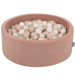 KiddyMoon Rund Bällebad Velvet Bällepool ∅ 7Cm Ballgruben Für Babys Spielbad Kleinkinder, Hergestellt in der EU, wüstenrosa: pastellbeige/weiß/perle, 90x30cm/200 Bälle