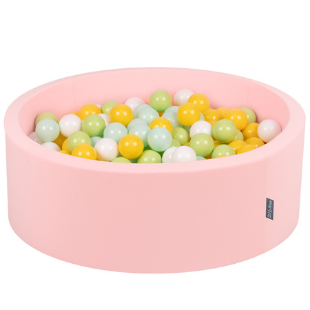 KiddyMoon Bällebad Bällepool mit bunten Bällen ∅ 7Cm  für Babys Kinder Rund, pink:weiß/grau/hellgrün/gelb, 90 x 30 cm 300 Bälle