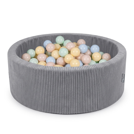 KiddyMoon Bällebad Kinder Schaumstoff rund 90 x 30 cm, Bällepool Baby ab 8 Monaten, strukturierter Rippbezug, stabile 5 cm Wände, Dunkelgrau: Pastellbeige/Pastellblau/Pastellgelb/Minze, 90 x 30 cm 200 Bälle