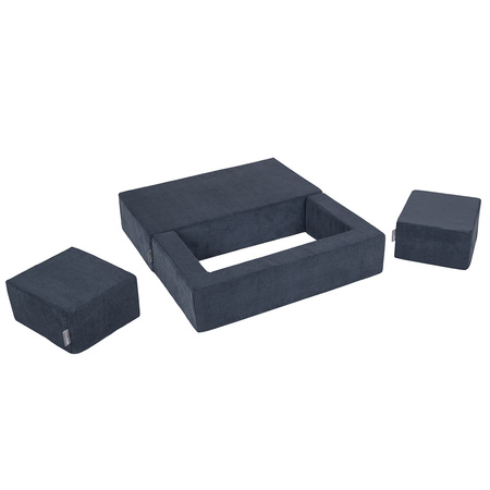 KiddyMoon Kindersofa mit Zwei Weichen Puffen Für Kinder Bequemes und Leichtes Schaumstoff-Sofa Gerippter Stoff Abnehmbarer Bezug Perfekt für Entspannung und Kreativität, dunkelblau, Sofa/Puff