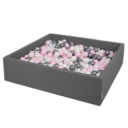 KiddyMoon Quadrat Bällebad Bällepool ∅ 7Cm Eckig Ballgruben Für Babys Spielbad Kleinkinder, Hergestellt in der EU, dunkelgrau:perle-puderrosa-silber, 120x30cm/300 Bälle