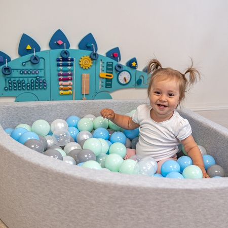 KiddyMoon Viertel Eckig Bällebad Bällepool ∅ 7Cm Ballgruben Für Babys Spielbad Kleinkinder, Hergestellt in der EU, hellgrau:perle/grau/transparent/babyblau/minze, 90 x 30 cm 300 Bälle