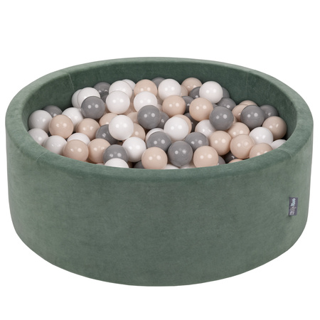 KiddyMoon Rund Bällebad Velvet Bällepool ∅ 7Cm Ballgruben Für Babys Spielbad Kleinkinder, Hergestellt in der EU, waldgrün: pastellbeige/grau/weiß, 90 x 30 cm 300 Bälle