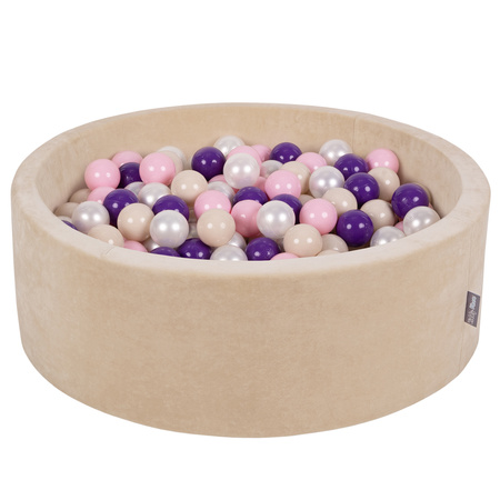 KiddyMoon Rundes Bällebad Schaumstoff Velvet Sensorik Spielzeug, Sandbeige: Pastelbiege/Puderrosa/Perle/Violett, 90 x 30 cm 300 Bälle