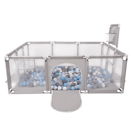 Laufstall Baby Großer Spielplatz mit Bällen Laufgitter für Kinder, grau: grau/weiß/transparent/babyblue, 200 Bälle