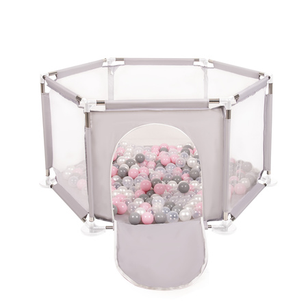 Sechseckiger Laufstall mit Bällen Laufgitter für Kinder, Grau:perle/grau/transparent/puderrosa, 200 Bälle