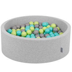 KiddyMoon Bällebad Bällepool mit bunten Bällen ∅ 7Cm  für Babys Kinder Rund, hellgrau:hellgrün/helltürkis/grau, 90x30cm/200 Bälle