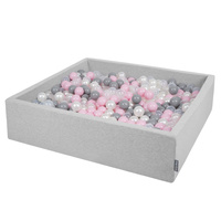 KiddyMoon Quadrat Bällebad Bällepool ∅ 7Cm Eckig Ballgruben Für Babys Spielbad Kleinkinder, Hergestellt in der EU, hellgrau:perle-grau-transparent-puderrosa, 120x30cm/300 Bälle