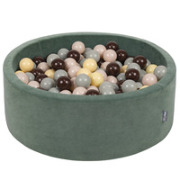 KiddyMoon Rund Bällebad Velvet Bällepool ∅ 7Cm Ballgruben Für Babys Spielbad Kleinkinder, Hergestellt in der EU, waldgrün: pastellbeige/grüngrau/pastellgelb/braun, 90 x 30 cm 200 Bälle
