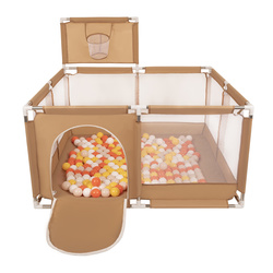 Laufstall mit Korb und Bällen Laufgitter für Kinder, beige:gelb/orange/pastellbeige/weiß, 400 Bälle